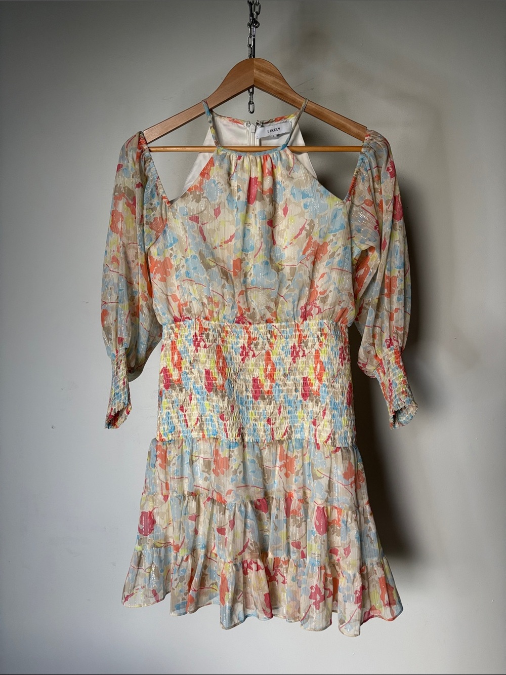 Likely Cream Floral Cold-Shoulder Smocked Chiffon Mini Dress Nordstrom